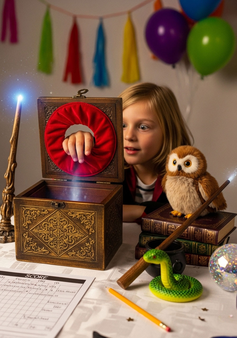 Guess the artifact mystery box feeling game with magical objects for Harry Potter birthday party
