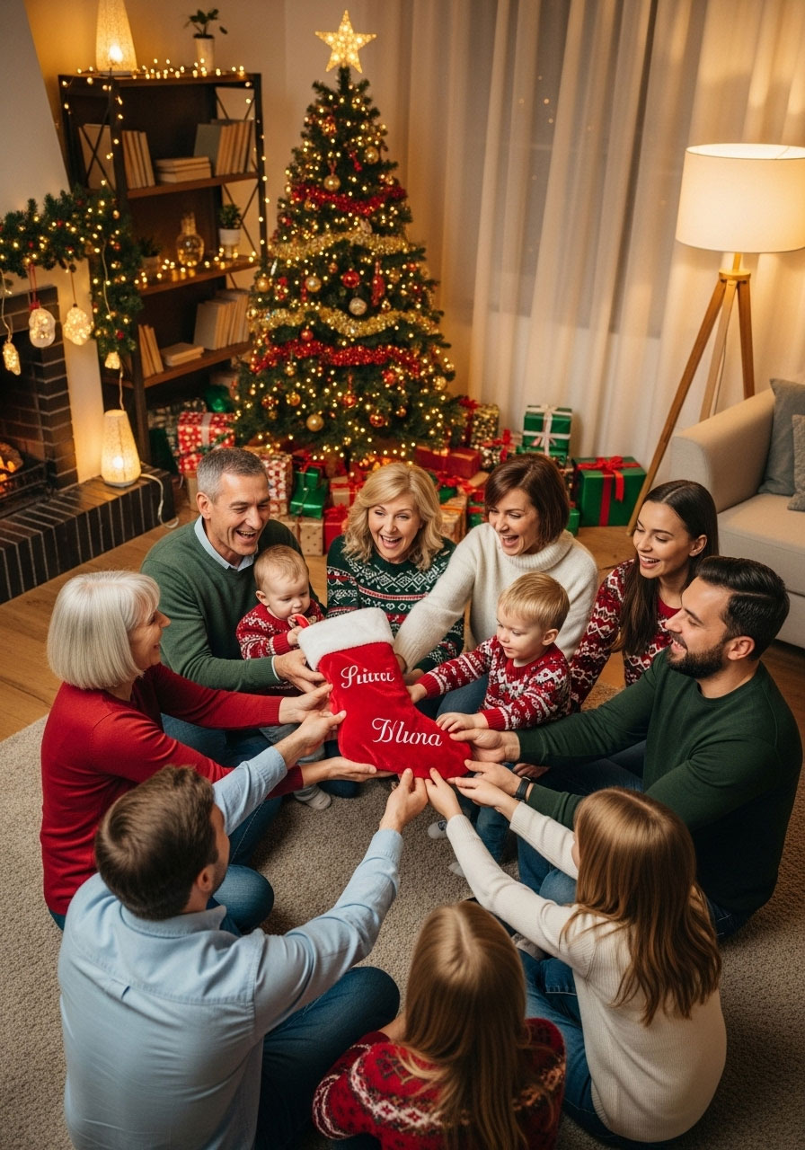 Family playing Guess What's in the Stocking Christmas party game in cozy living room with holiday decorations
