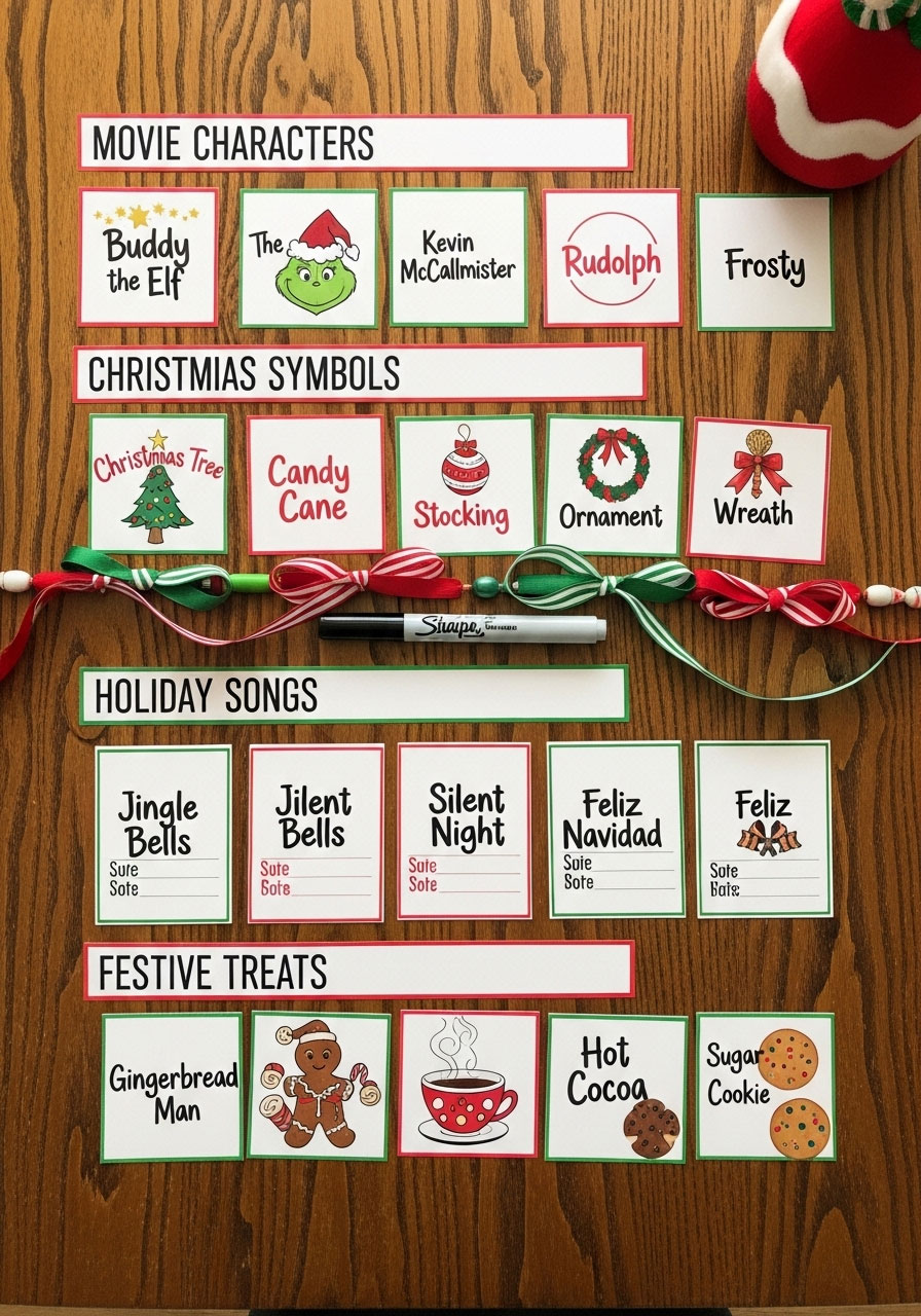 Organized display of Guess Who Christmas game category themes including movie characters, symbols, songs, and treats with labeled example cards