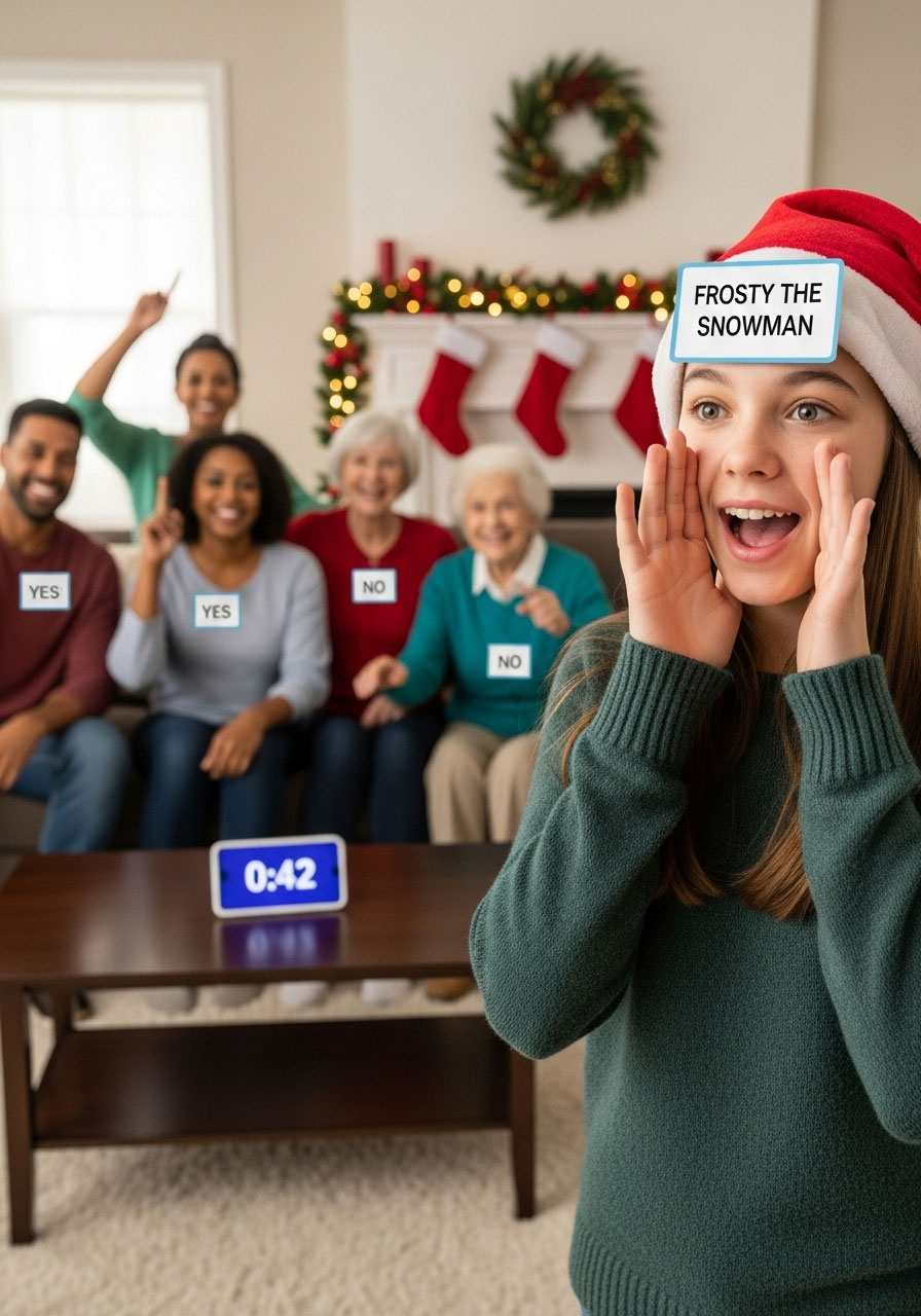 Teen girl wearing Santa hat with mystery card asking yes-no questions to family members during Guess Who Christmas game with timer visible