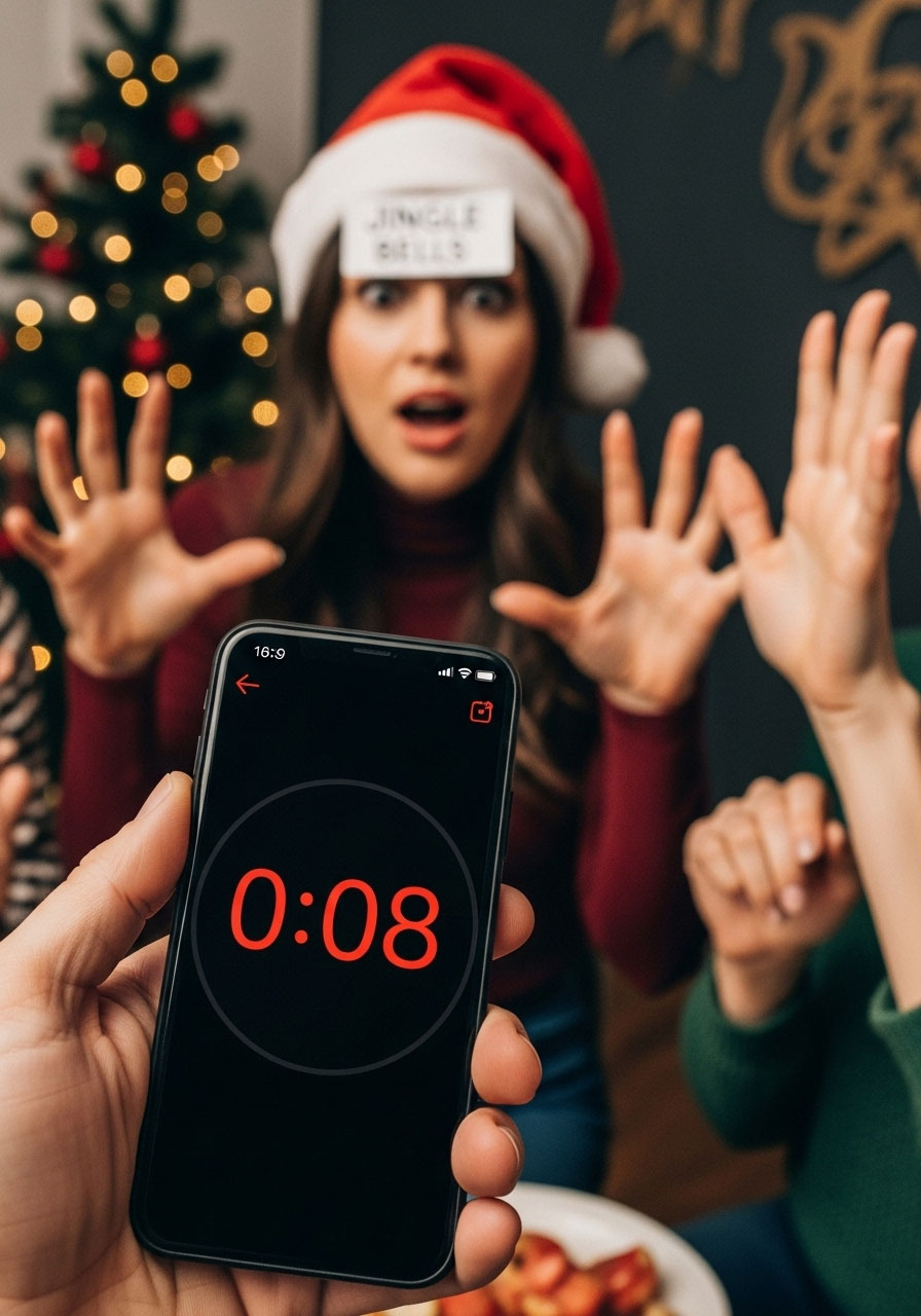 Player racing against 8-second countdown timer during Guess Who Christmas game speed round variation with intense expression
