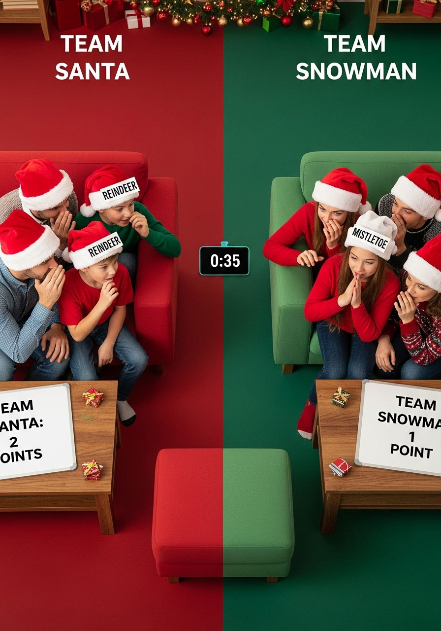 Two teams playing Guess Who Christmas game team battle variation with players collaborating and score boards visible during holiday party
