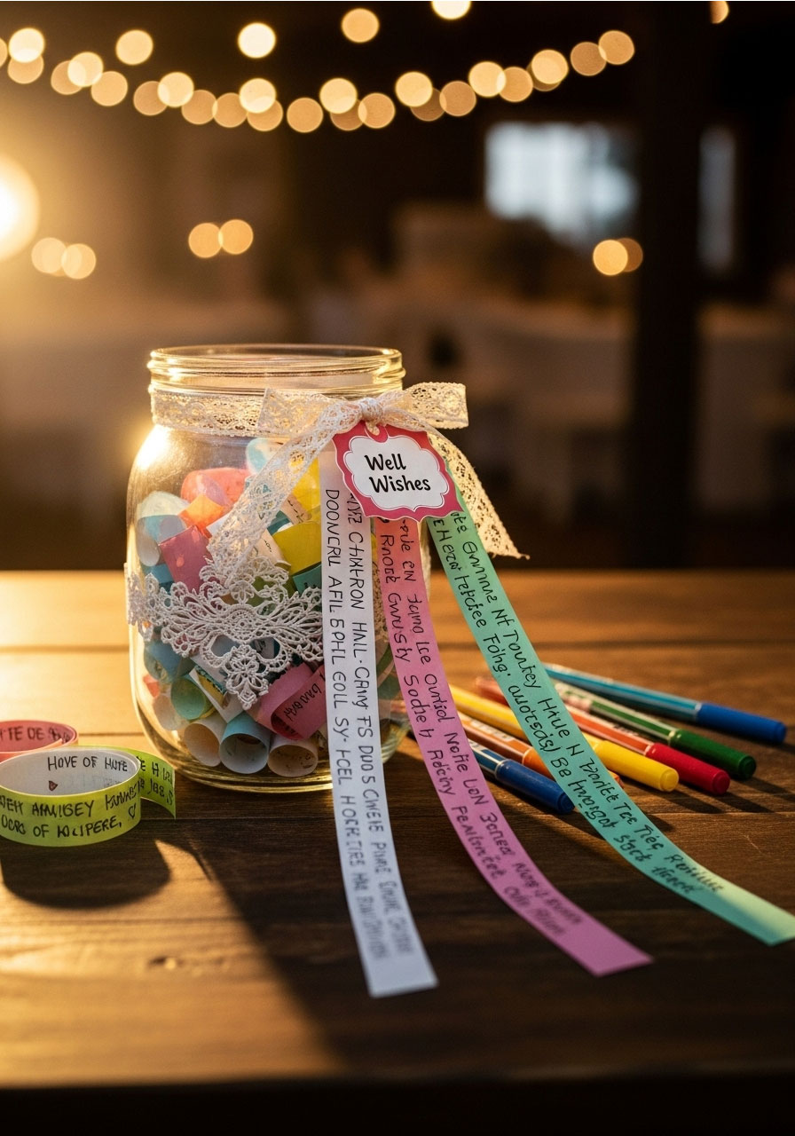 Guest book jar alternative with colorful message strips and well-wish cards
