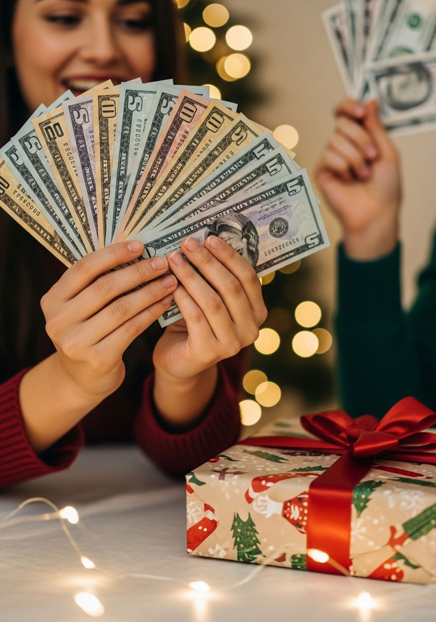 Party guests holding play money and bidding on wrapped gifts during White Elephant auction