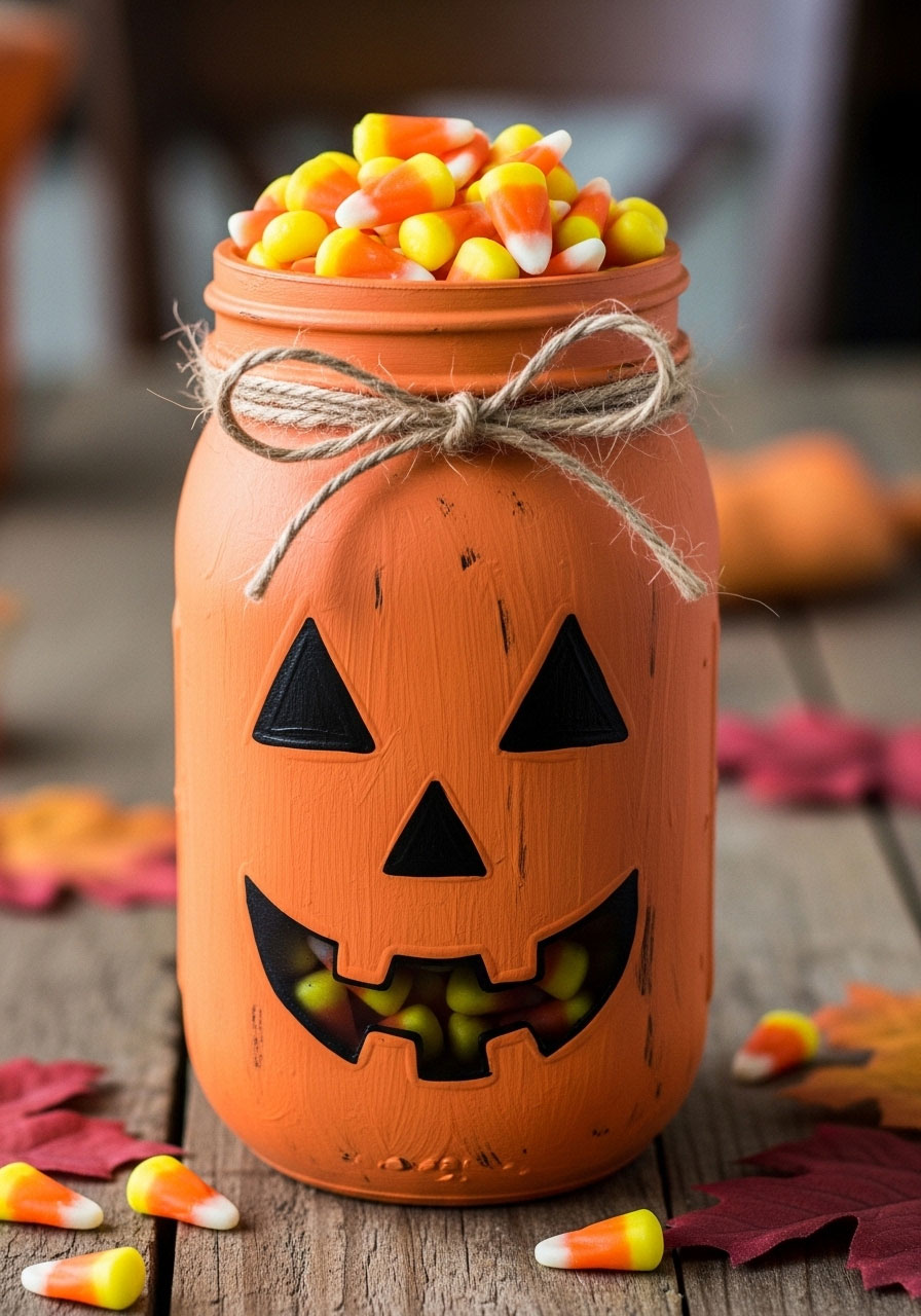 Halloween mason jar pumpkin craft painted with jack-o-lantern face for kids