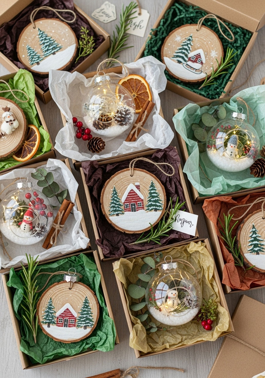 Handmade Christmas ornaments in small gift boxes with tissue paper for sentimental bulk keepsake gifts