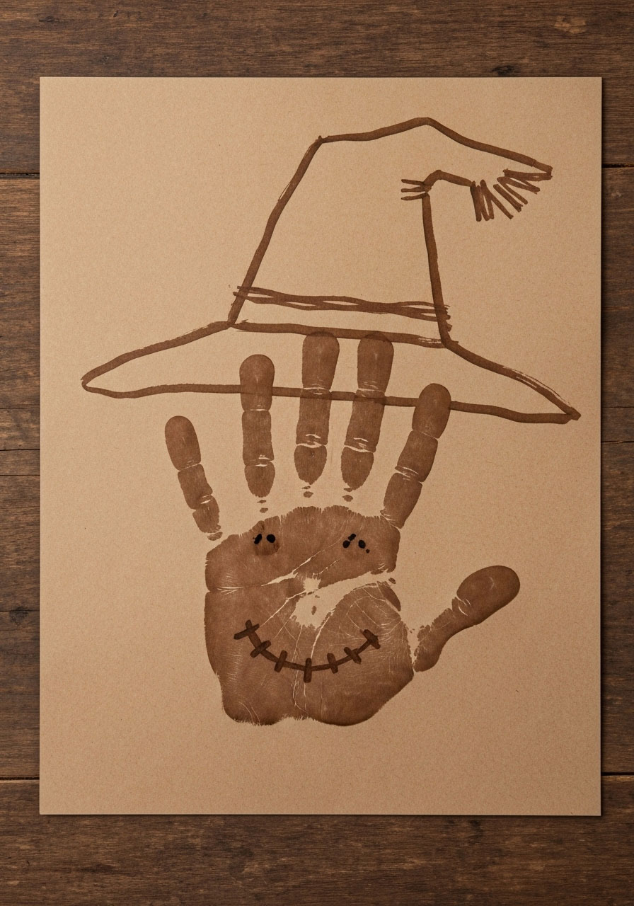 Handprint scarecrow craft for autumn keepsake made by children
