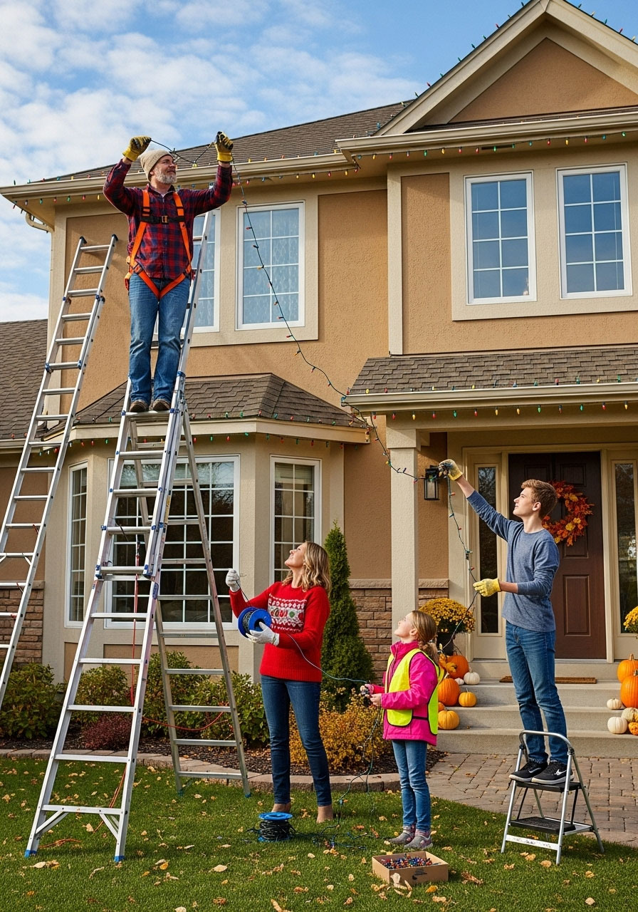 Family working together to hang outdoor Christmas lights on house on Thanksgiving morning