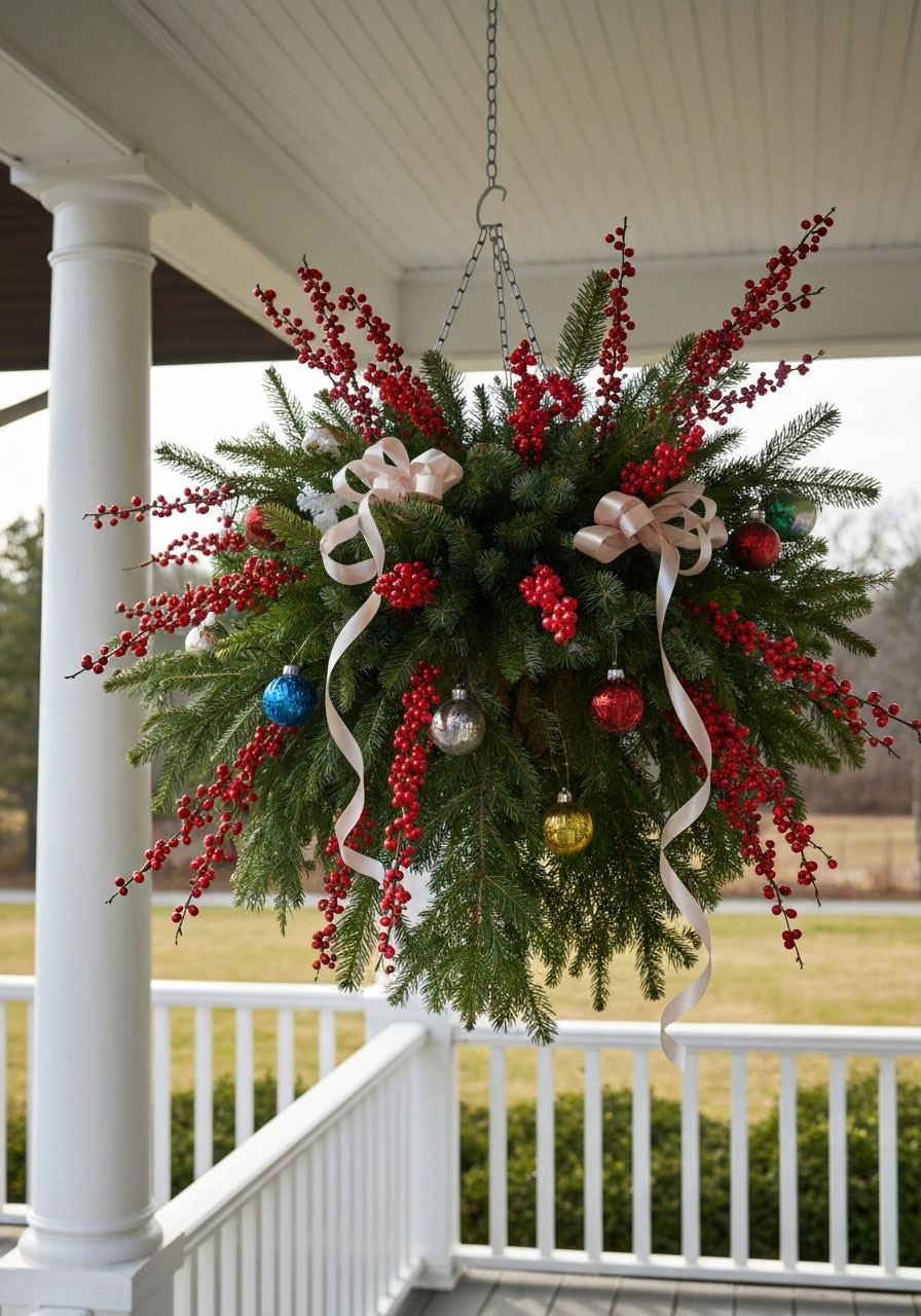 DIY hanging Christmas planter with evergreen and ornaments