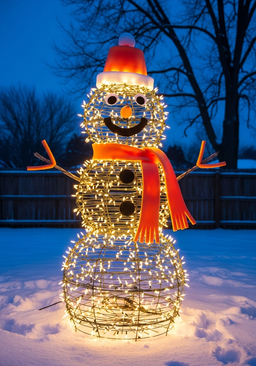 DIY lighted snowman from tomato cages with white string lights