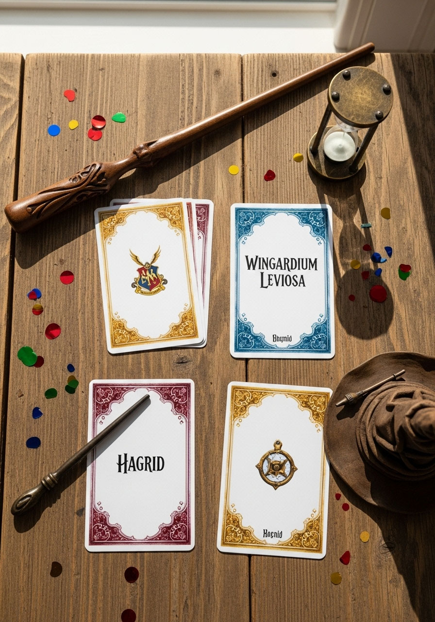 Kids playing Harry Potter charades party game with printed character cards, wands, and timer for magical birthday entertainment