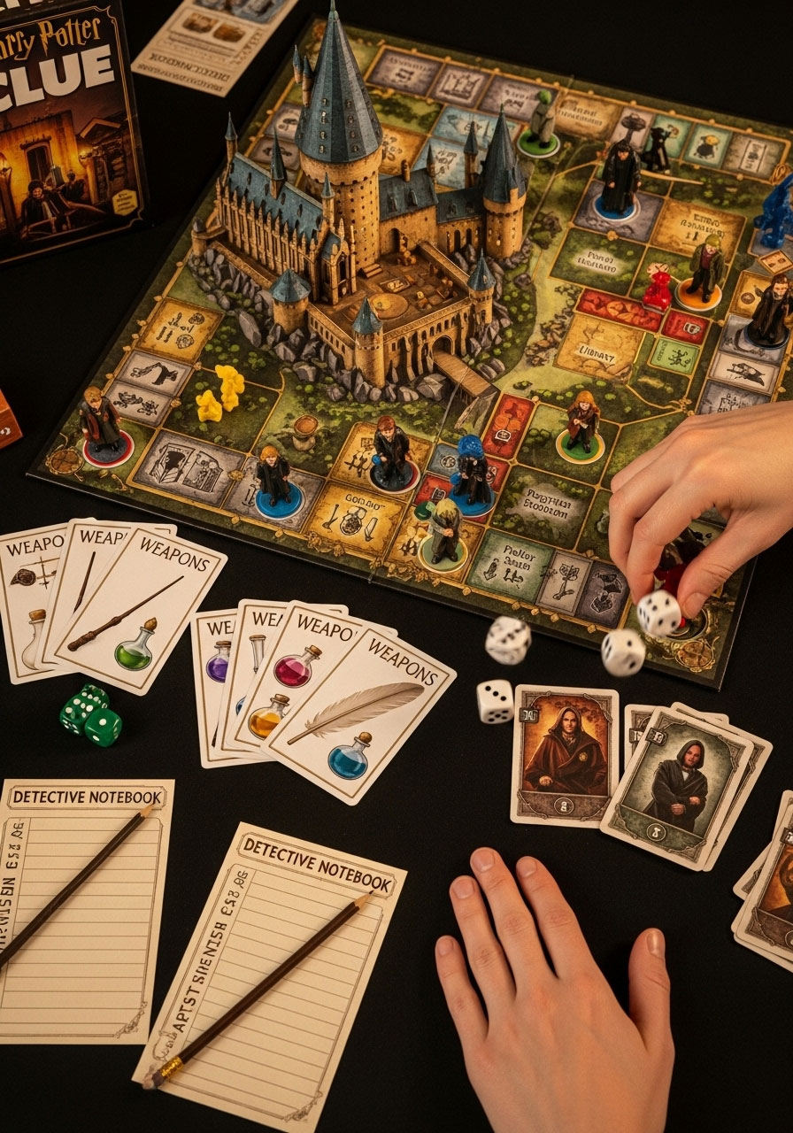 Harry Potter Clue mystery board game with Hogwarts locations and magical items for birthday party entertainment