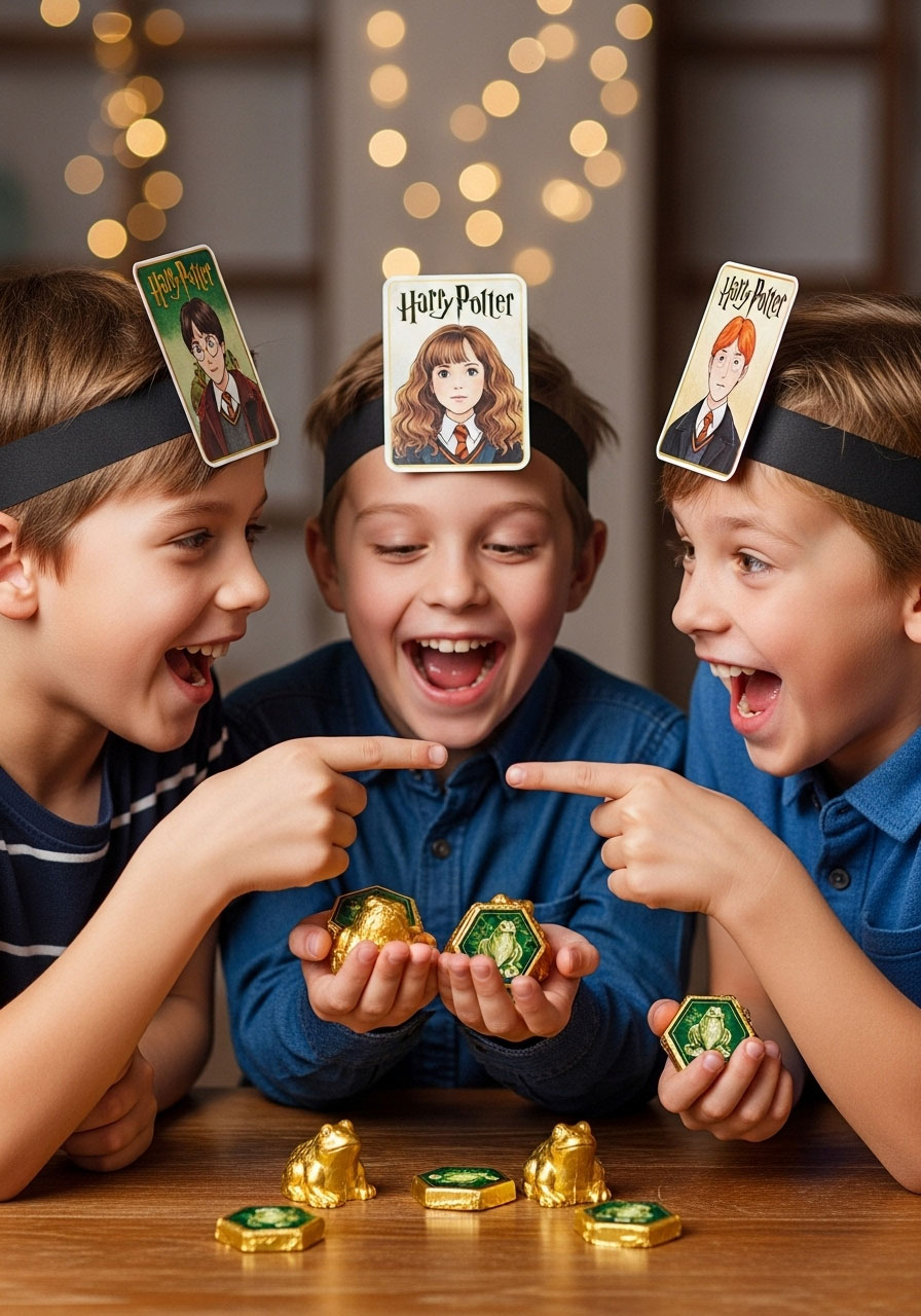 Kids playing Harry Potter Hedbanz guessing game with character headbands and chocolate frog tokens at party