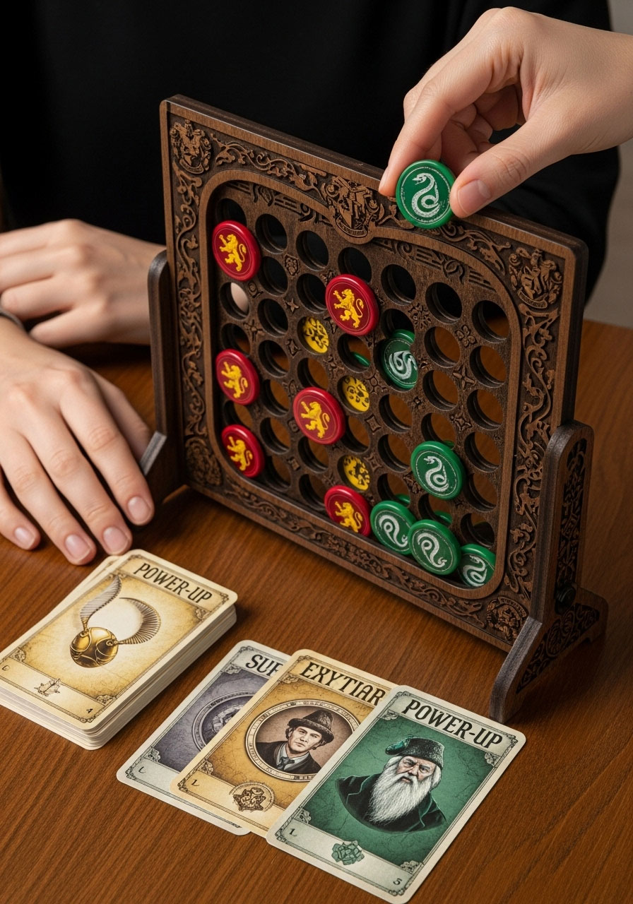 Two players enjoying Harry Potter Match board game similar to Connect Four at birthday party