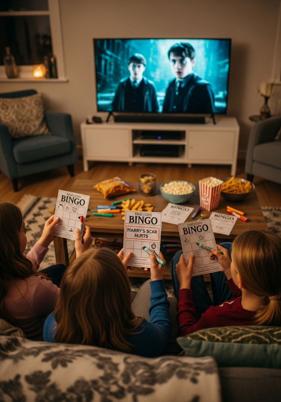 Harry Potter movie marathon bingo cards with film moments for birthday party viewing game