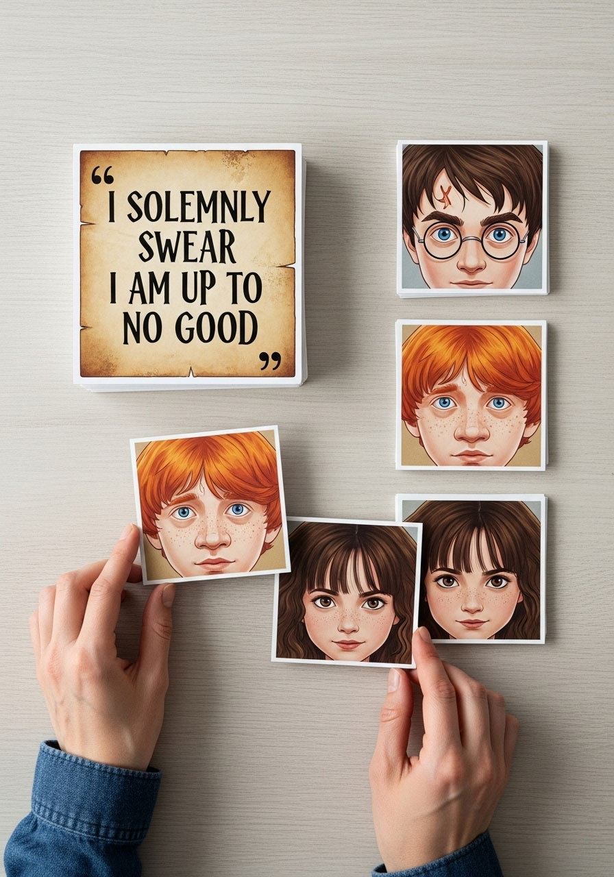 Harry Potter movie quote matching game with character cards for film trivia at birthday celebration