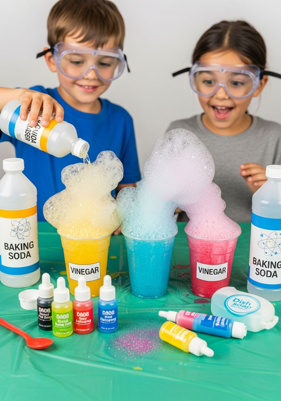 Children creating fizzing Harry Potter potions with baking soda and vinegar at magical birthday party science activity