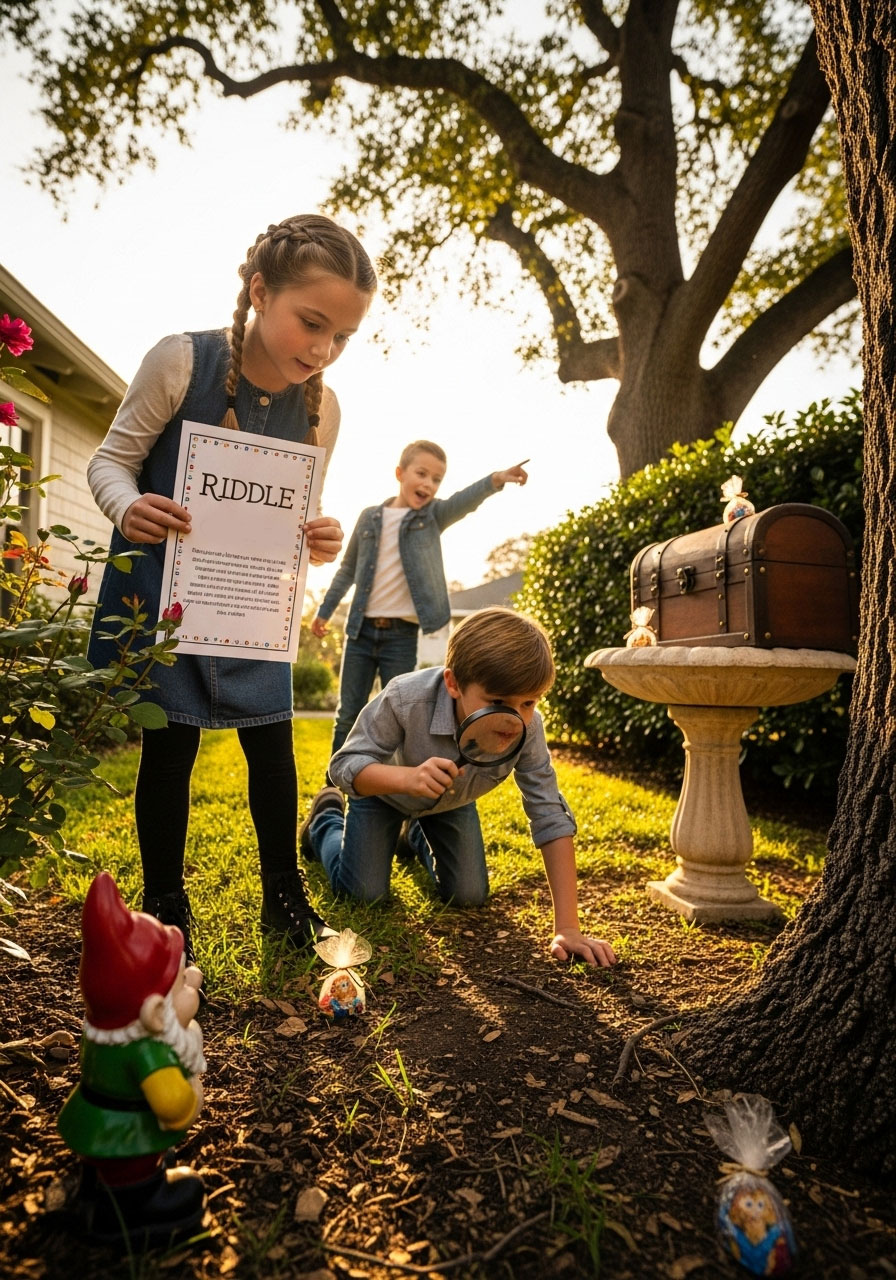 Kids following Harry Potter themed scavenger hunt clues with riddles and prizes at outdoor birthday party