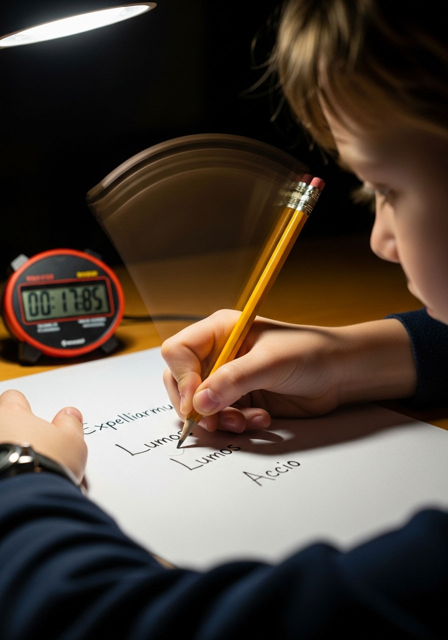 Harry Potter spell writing speed challenge with timer for minute to win it birthday party game