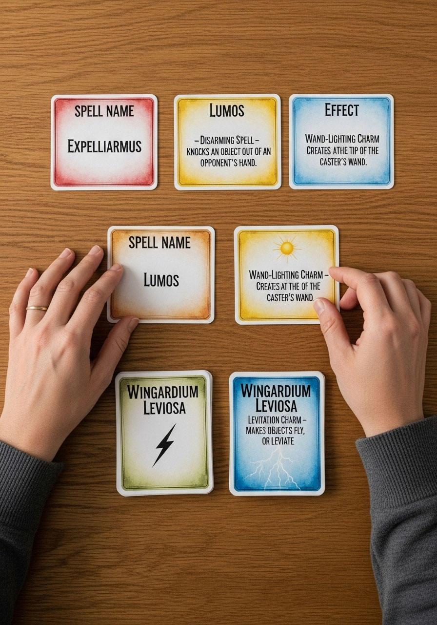 Harry Potter spells and charms matching card game showing spell names and effects for birthday party trivia