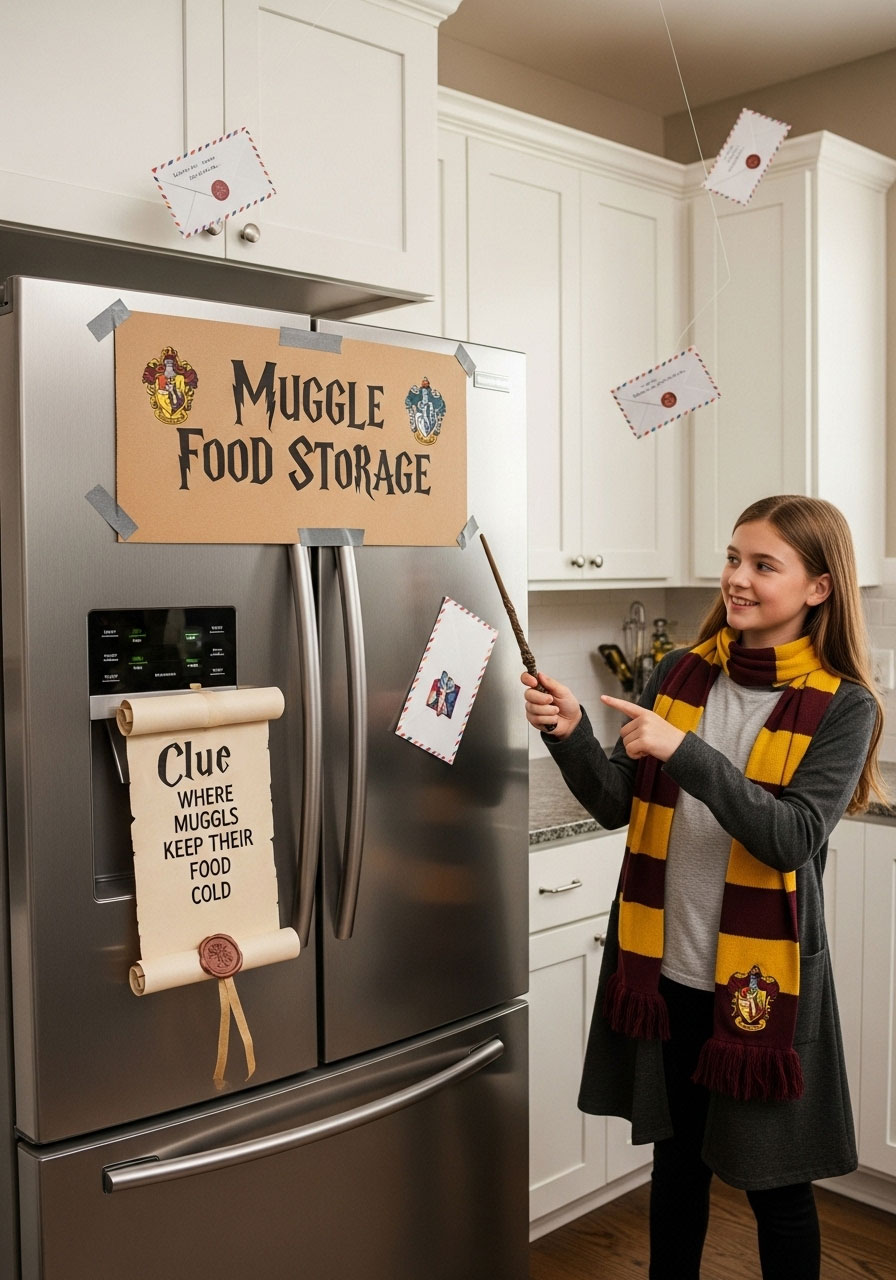 Teen finding Harry Potter-themed scavenger hunt clue at decorated refrigerator