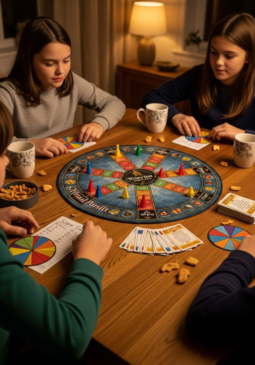 Family playing Harry Potter Trivial Pursuit board game with 600 questions at birthday party gathering