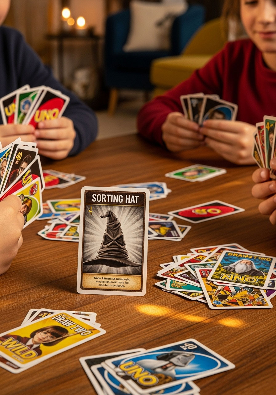 Kids playing Harry Potter themed UNO card game with special character cards at birthday party game night