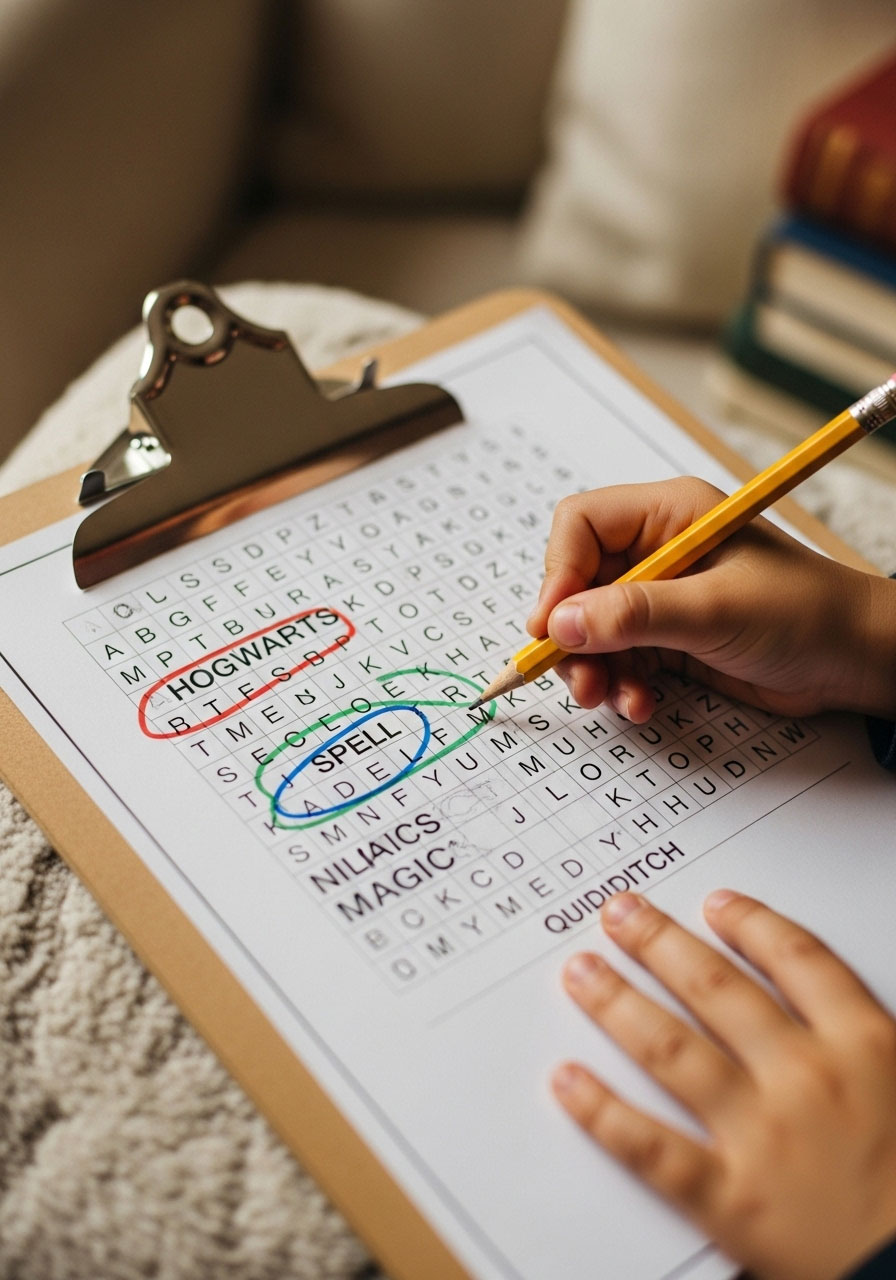 Harry Potter word search puzzle printable with colored pencils for kids birthday party quiet activity