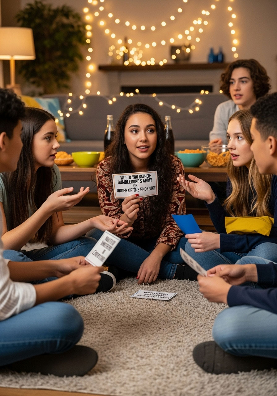Teens playing Harry Potter would you rather card game with wizarding world choices at birthday party