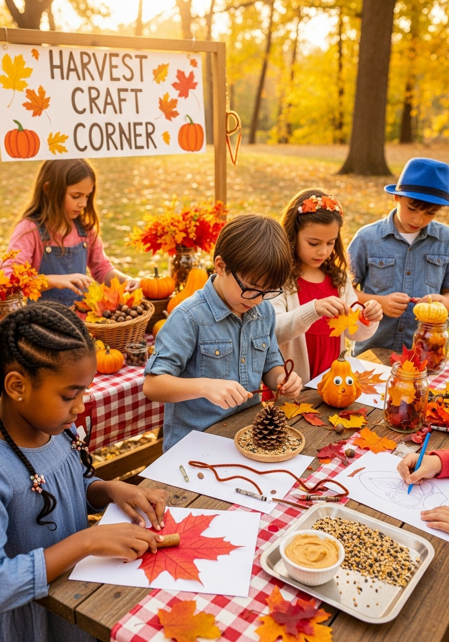Kids creating fall crafts including leaf rubbings and pinecone bird feeders at outdoor harvest craft corner birthday party station