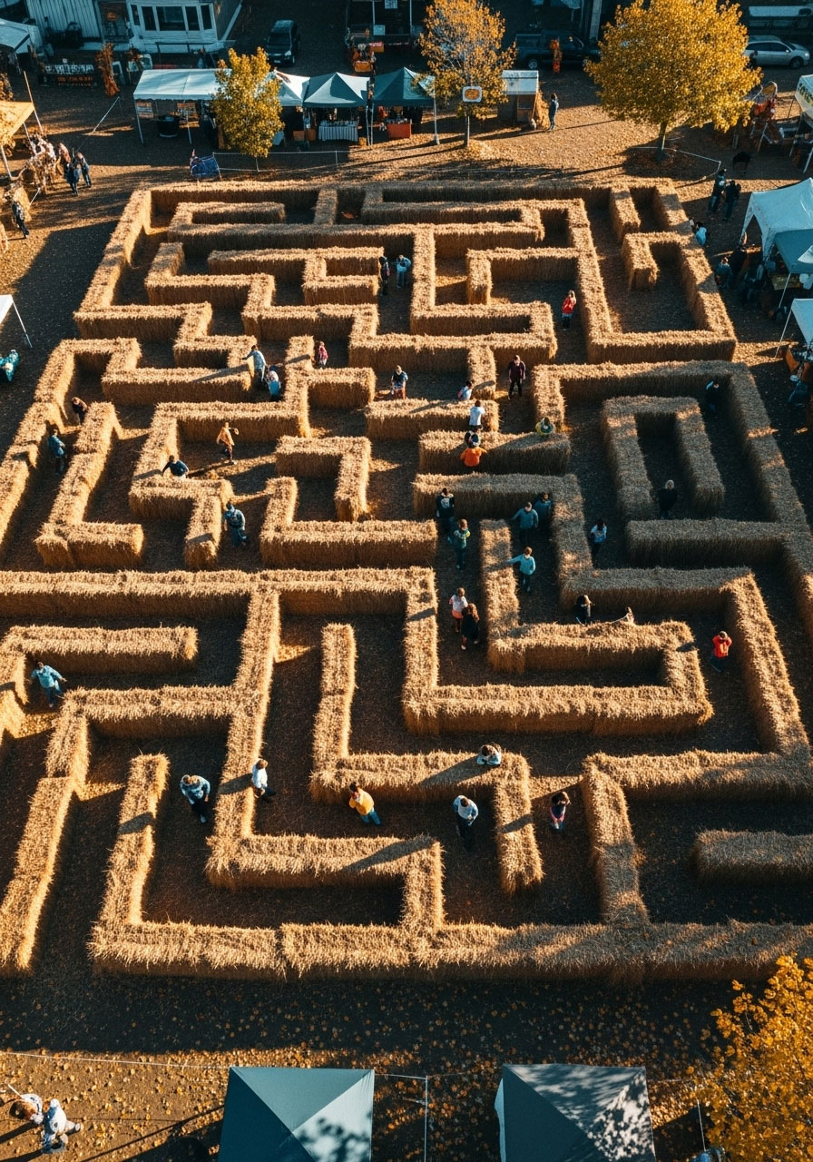 Aerial view of hay bale maze with children navigating pathways at outdoor fall festival
