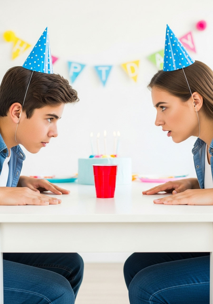 Two teenagers playing Head Shoulders Knees Cup game at birthday party with red cup on table between them