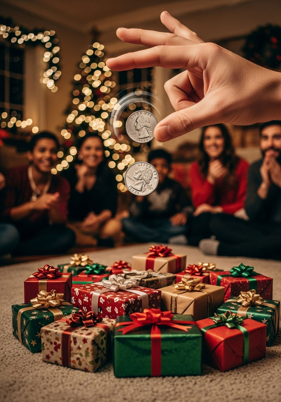 Quarter coin being flipped for heads or tails Christmas gift exchange game with wrapped presents in circle