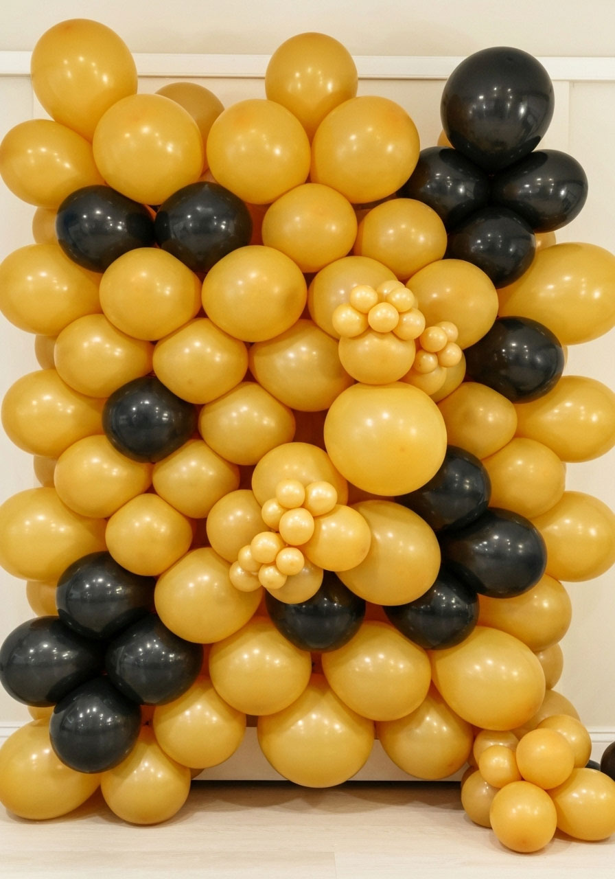 Hexagon shaped balloon clusters arranged as honeycomb pattern on baby shower wall