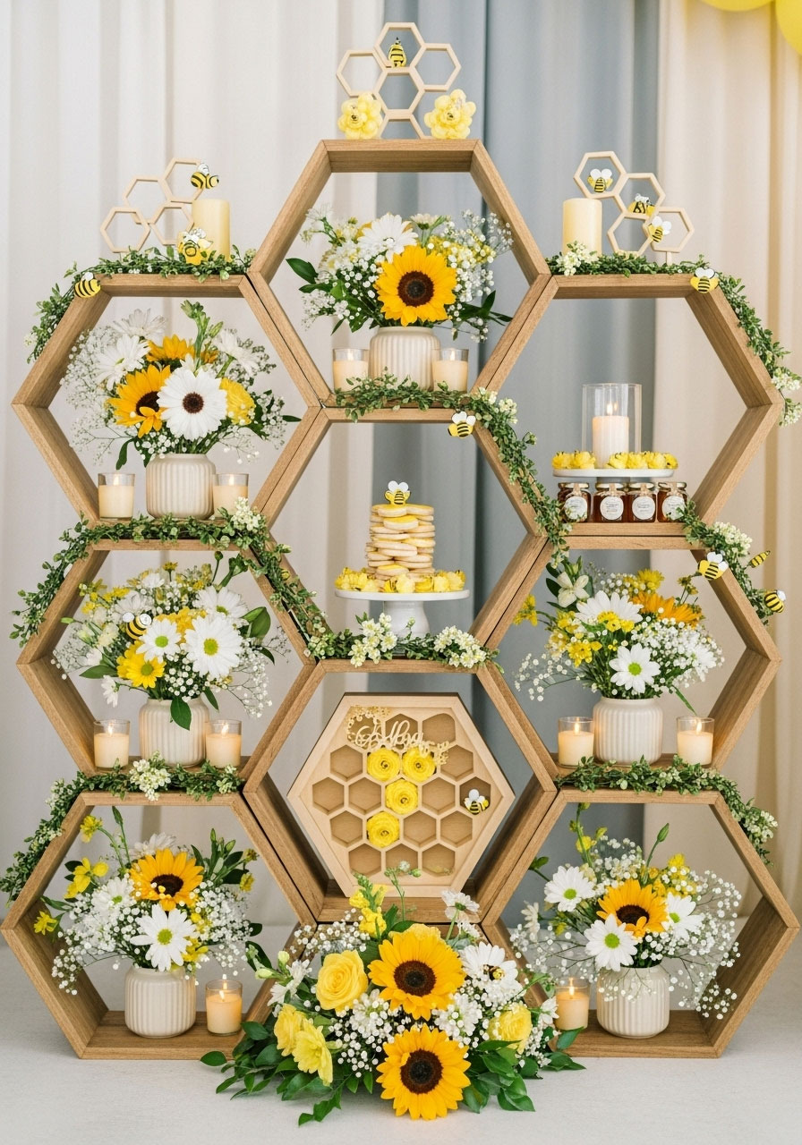Wooden hexagon honeycomb display shelves for honeybee baby shower decoration arrangement