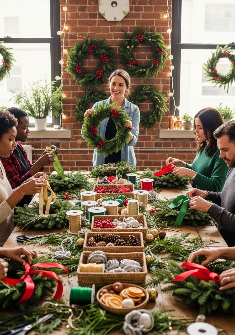 Adults attending Christmas craft workshop learning to make holiday wreaths and decorations