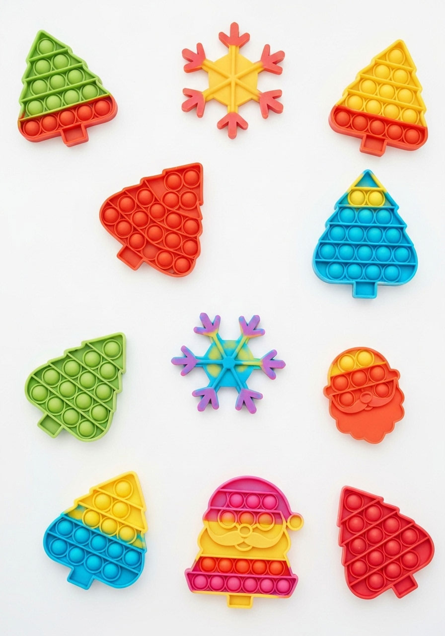 Rainbow pop-it fidget sensory toys in festive Christmas shapes for sock swap party gifts