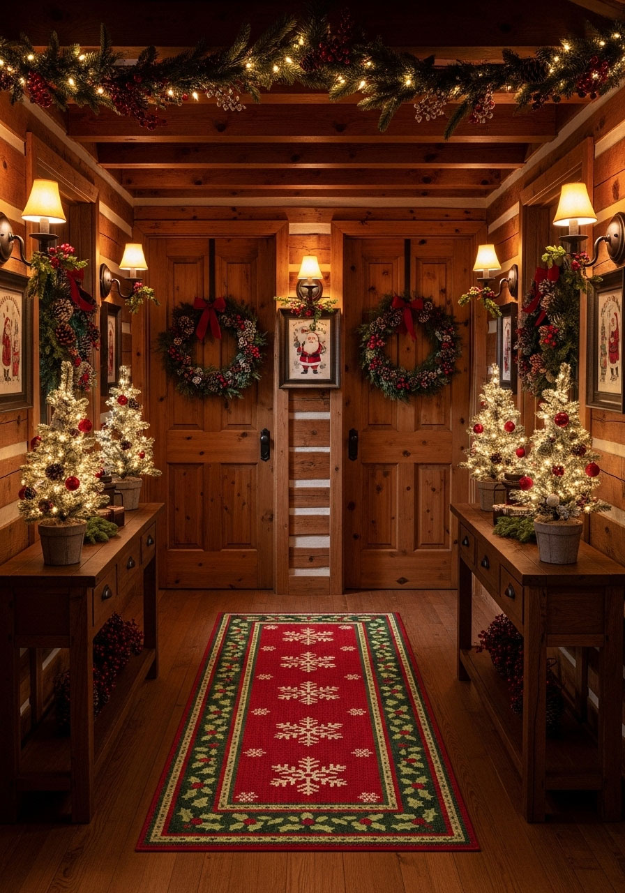 Festive cabin hallway decorated with small Christmas trees, door wreaths, holiday runner rug, and framed seasonal prints