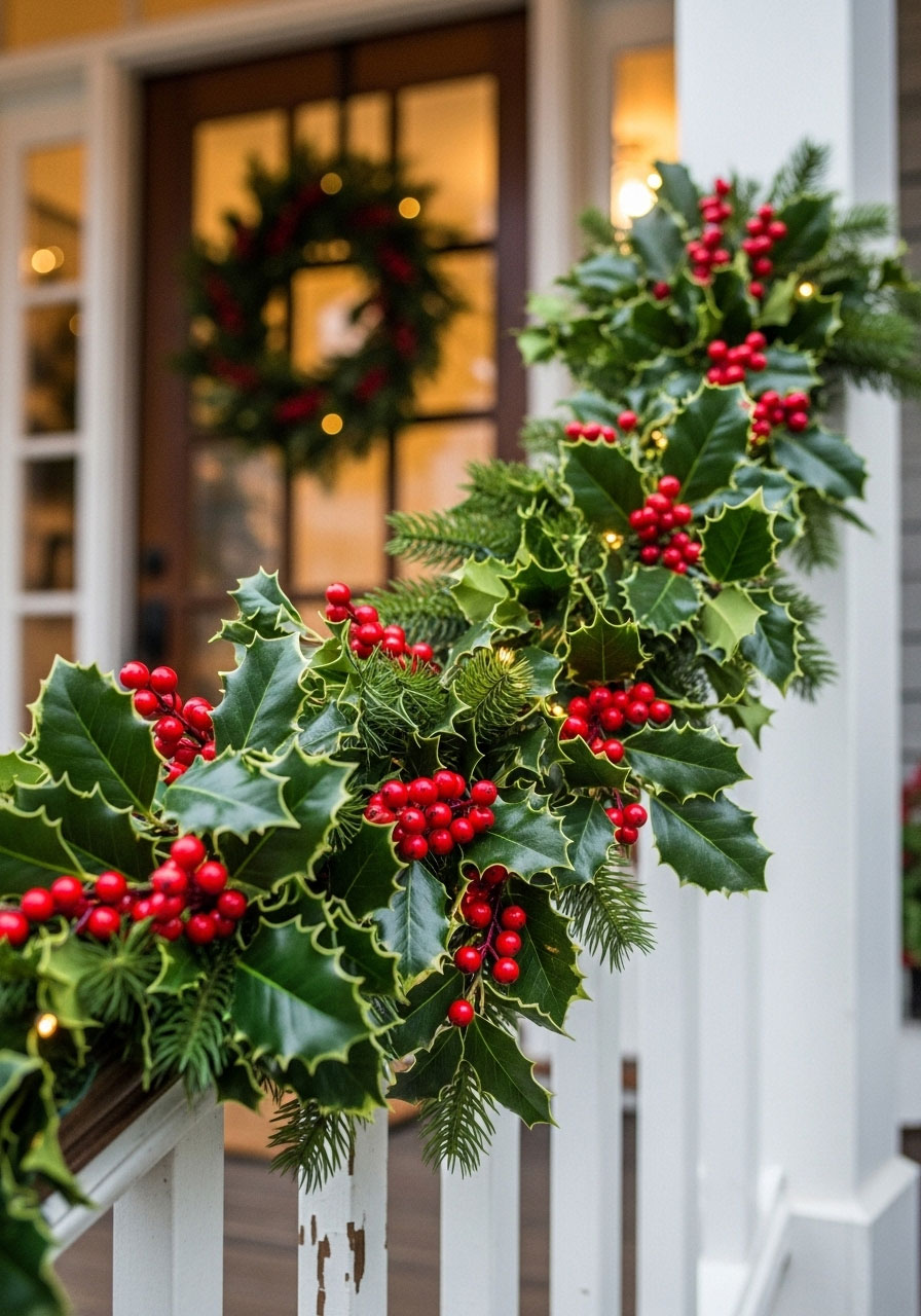 Finished holly leaf and berry garland on porch showing glossy leaves with bright red berries