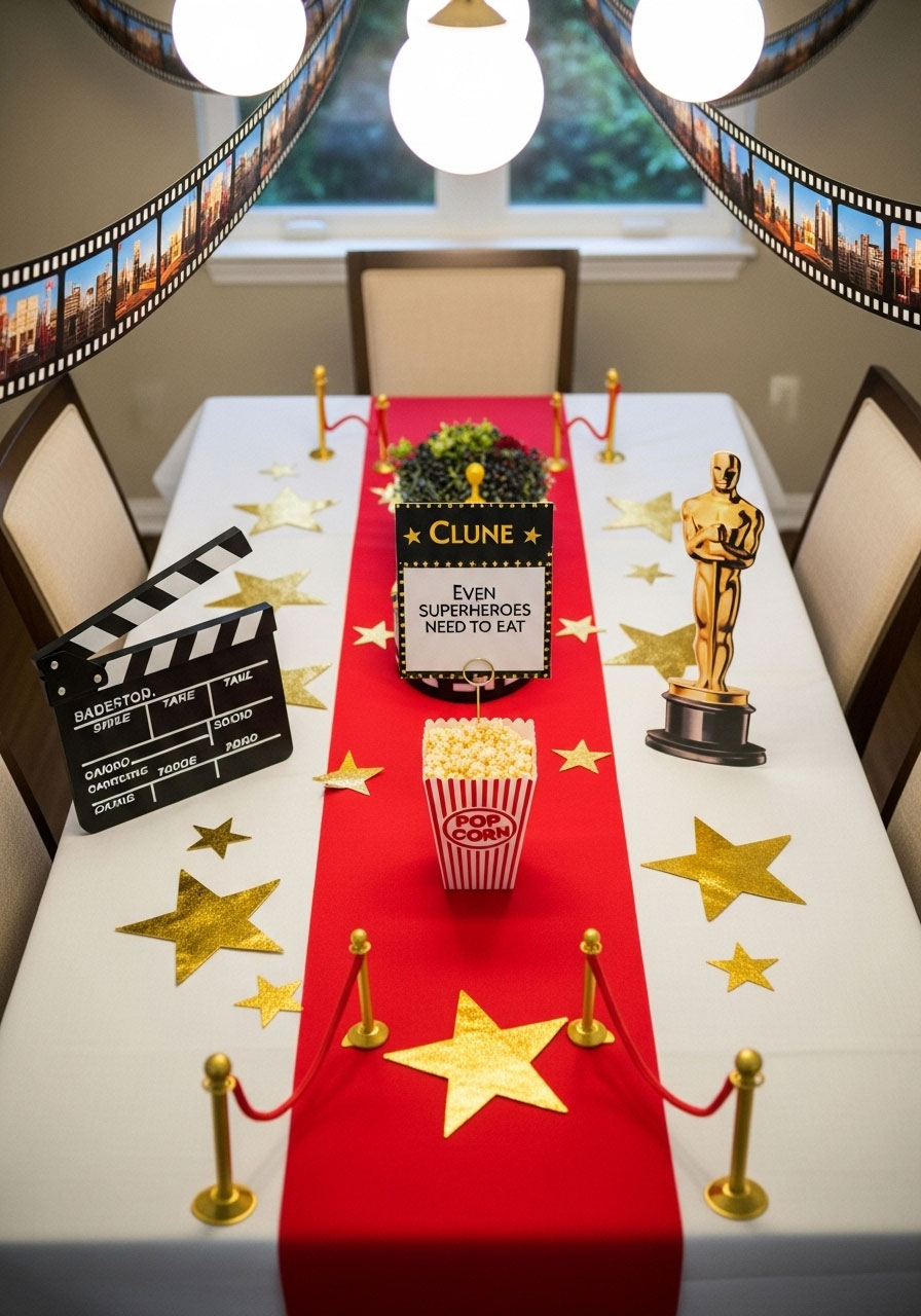 Hollywood-themed scavenger hunt station with red carpet and movie props for 13th birthday party