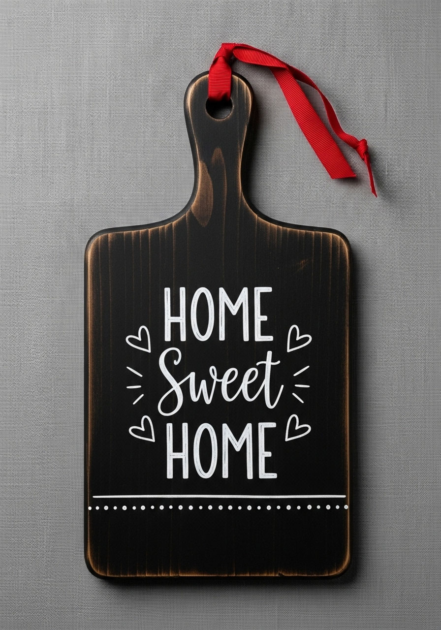 Home Sweet Home chalkboard Dollar Tree cutting board with decorative chalk lettering and ribbon hanger