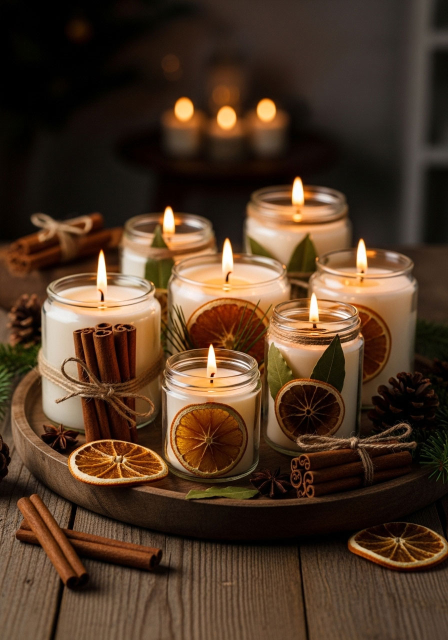 Homemade Christmas scented candles in jars, DIY adult craft idea with cinnamon and orange decorations