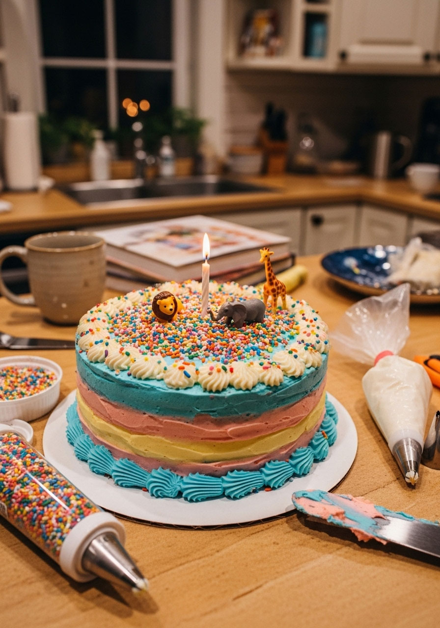 Simple homemade birthday cake decorated with colorful frosting and toys for a child's special day