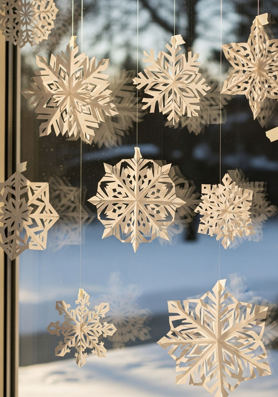 Handmade paper snowflakes in various intricate designs hanging in window for easy DIY Christmas decoration craft