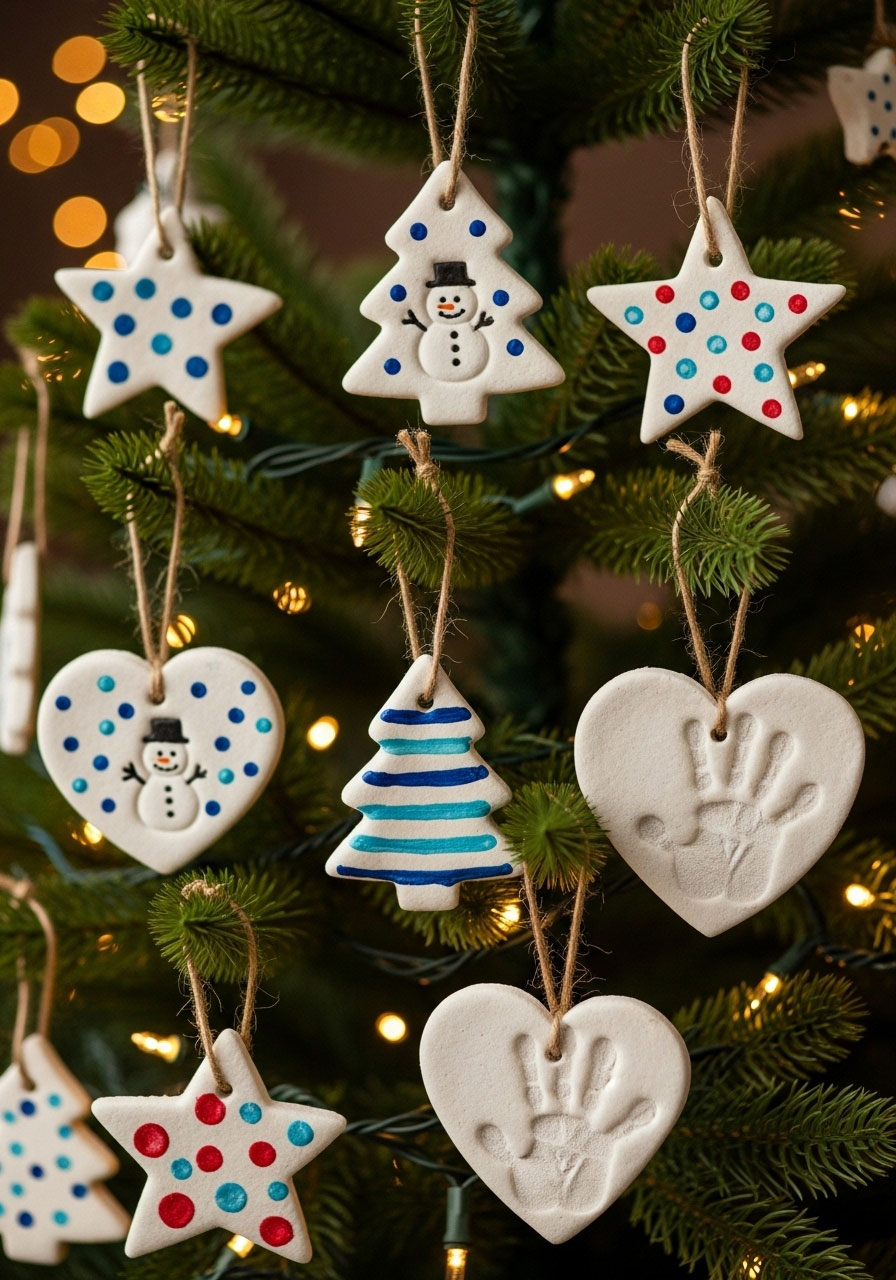 Handmade salt dough ornaments in festive shapes with painted designs and twine hangers for DIY Christmas tree decorations