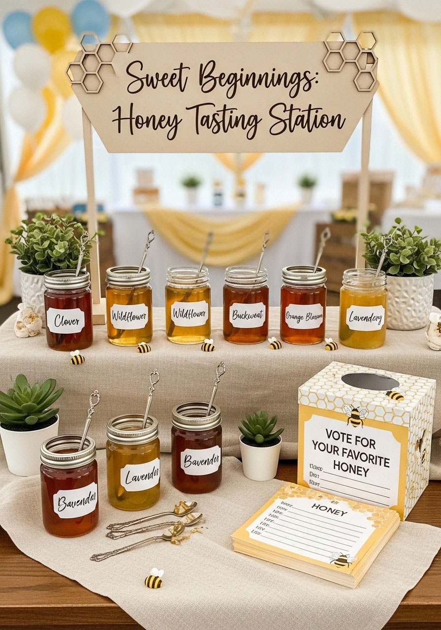 Honey tasting station with multiple varieties and voting cards for baby shower activity