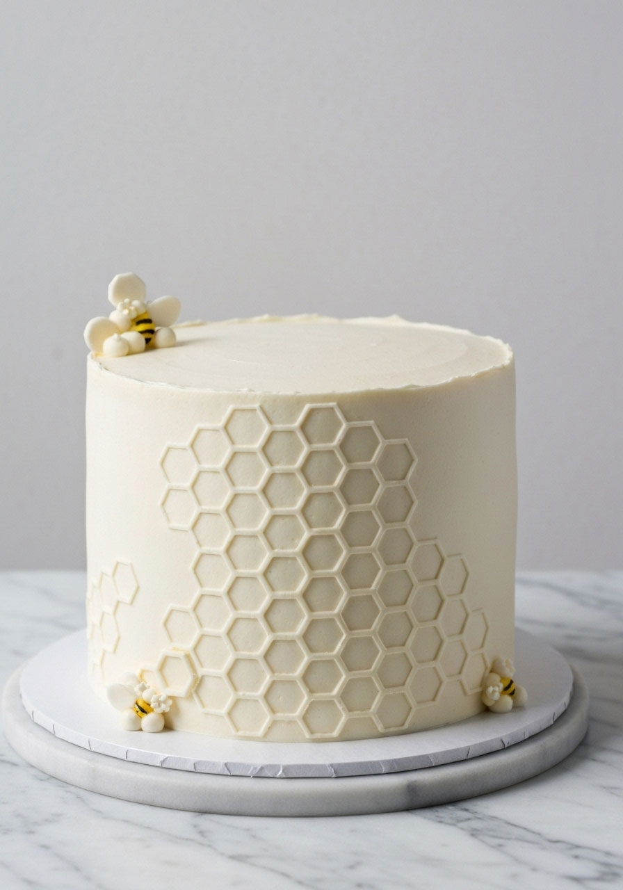 White cake with subtle honeycomb hexagon pattern etched into sides for baby shower