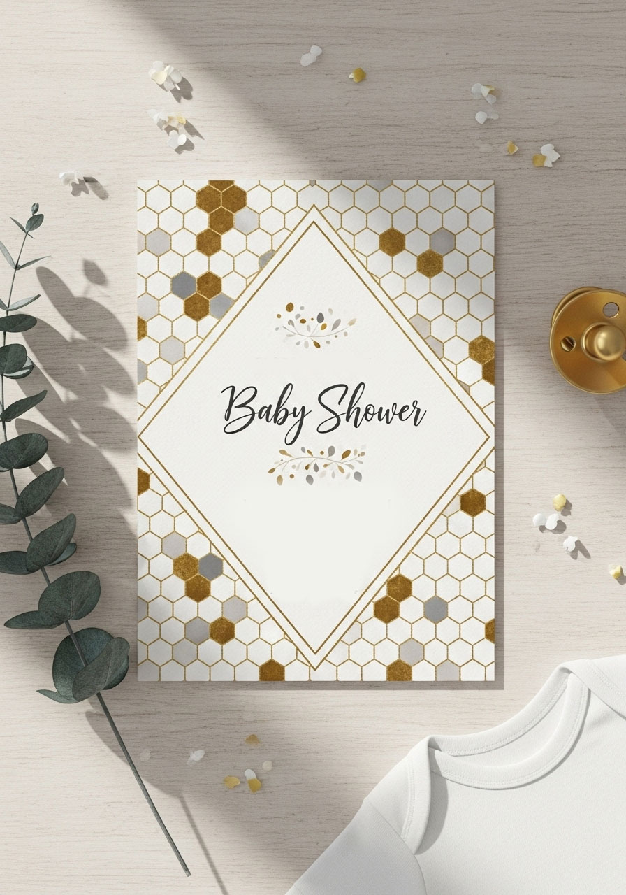 Honeycomb hexagon pattern background baby shower invitation with elegant typography