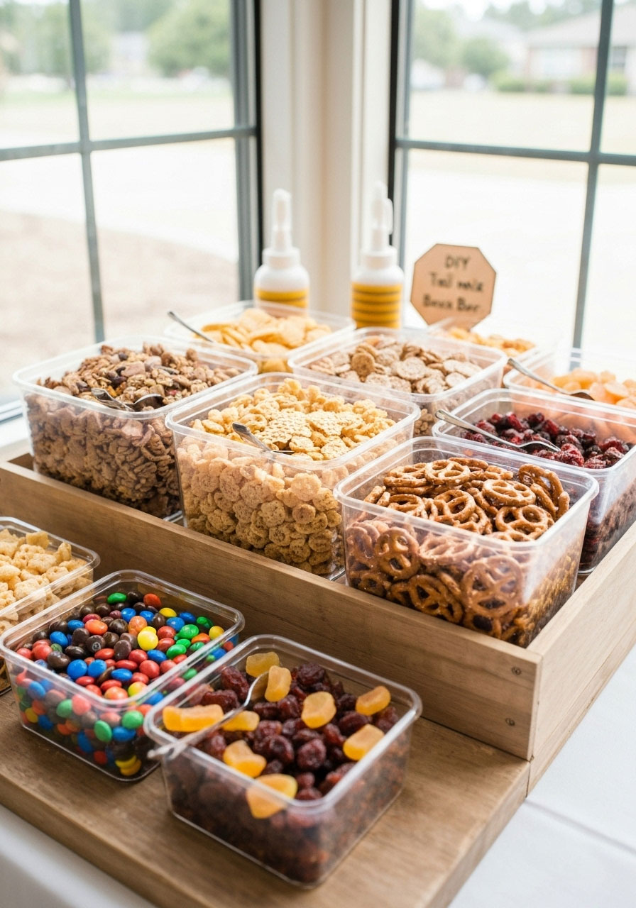 DIY honeycomb cereal trail mix bar with pretzels and candy for baby shower guests