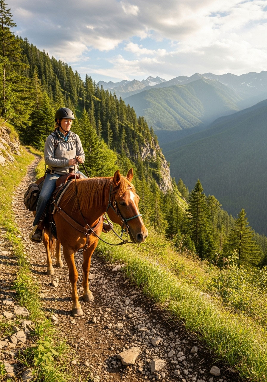 Person enjoying horseback riding adventure on scenic trail as Christmas experience gift